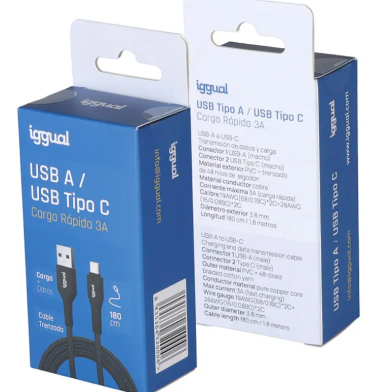Cable USB iggual Tipo A A Tipo C 3A 180cm Trenzado