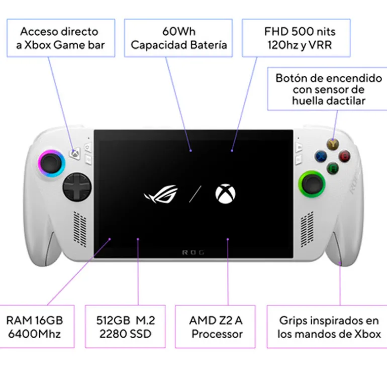 Consola Asus ROG Xbox Ally (2025) Ryzen Z2 A 16GB 512GB 7" FHD 120Hz W11H Blanco