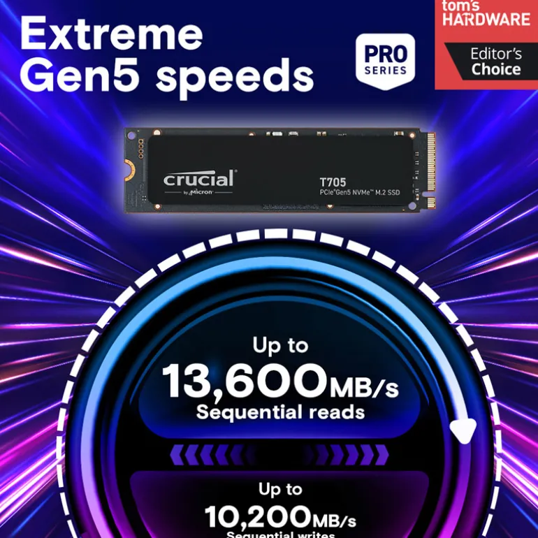 Disco Duro M.2 Crucial T705 1TB PCIe Gen5 x4 NVMe SSD Con Disipador