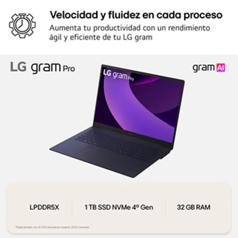 Portátil LG Gram Pro AI 16Z90TS U9-288V 32GB 1TB 16" W11H
