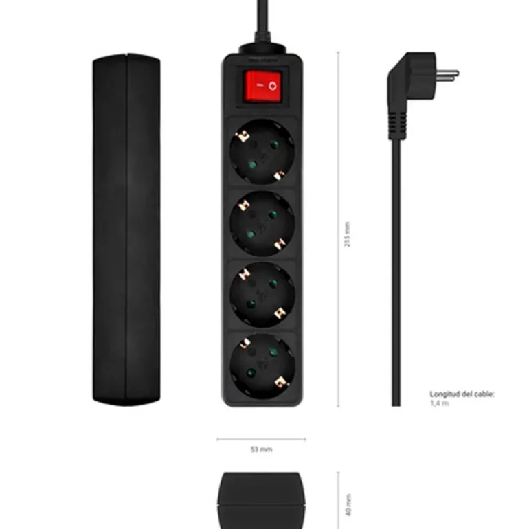 Regleta Aisens Base Multiple 4 Tomas Con Interruptor 1.4 m Negro