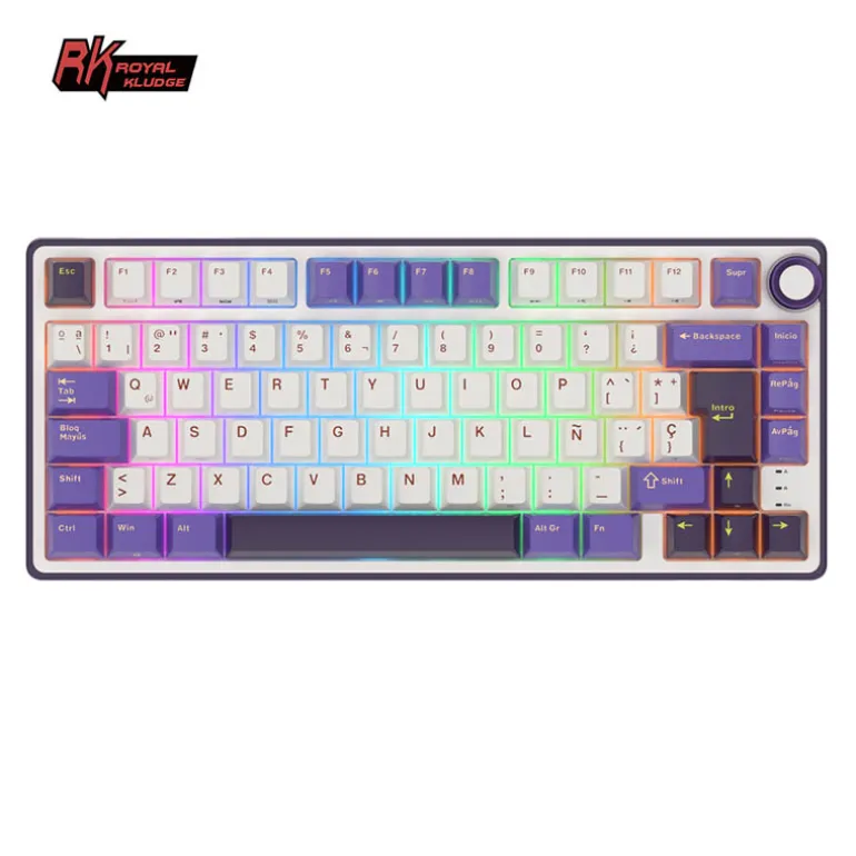 Teclado para Mac y Windows Royal Kludge RKM70 ISO-ES RGB Hot-Swappable Switch Cream Wireless Cyan Purple