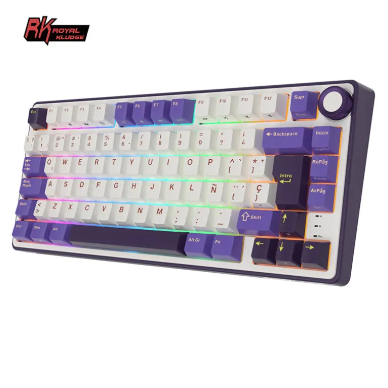 Teclado para Mac y Windows Royal Kludge RKM70 ISO-ES RGB Hot-Swappable Switch Cream Wireless Cyan Purple